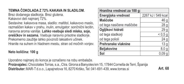 Torras crna čokolada bez šećera - 72% kakaa, 100 g